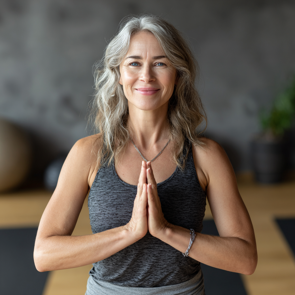 Усмихната жена на средна възраст практикува йога в светла стая, европейски тип, реалистичен стил